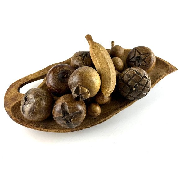 Vtg MCM Wooden Bowl With Fruit 9 Pieces Of Hand Carved Fruit & Wooden Leaf Bowl - Picture 1 of 13